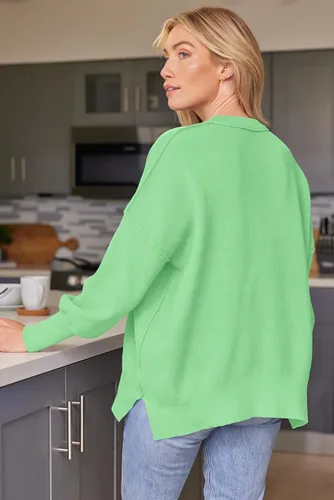 Vista 180 de Lillusory - Suéter extragrande con mangas de murciélago y cuello redondo para mujer, prenda moderna de otoño de tejido de punto sin botones