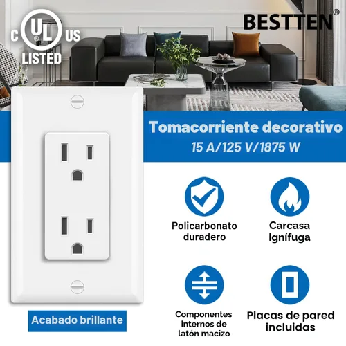 Vista 2 de BESTTEN Paquete de 20 tomas de corriente decoradora de pared de 15 amperios, no resistente a manipulaciones, placa de pared incluida