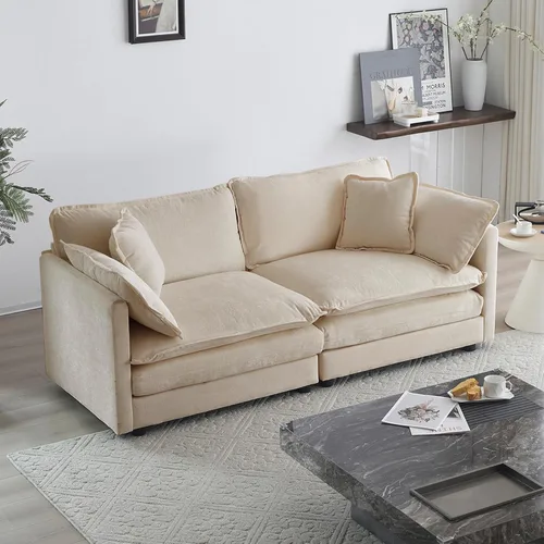 Vista 15 de KIVENJAJA Sofá biplaza de chenilla, sofá grande de 2 plazas con nube, moderno y cómodo asiento profundo con 4 almohadas para sala de estar, Beige