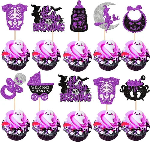 Vista 17 de 30 piezas de decoración de murciélagos de Halloween para cupcakes de murciélago con purpurina negra para Halloween, decoración de pasteles de Negro