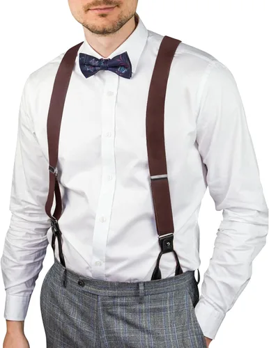 Vista 45 de AWAYTR Tirantes de botón marrón para hombre, tirantes elásticos ajustables en forma de Y