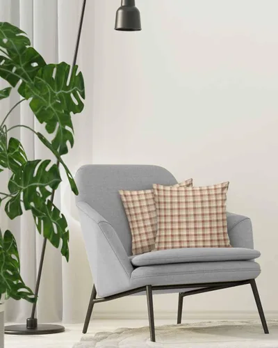 Vista 4 de Paquete de 2 fundas de almohada decorativas de algodón, a cuadros marrones otoñales, 18 x 18 pulgadas, cuadradas, reversibles, suaves, para sofá