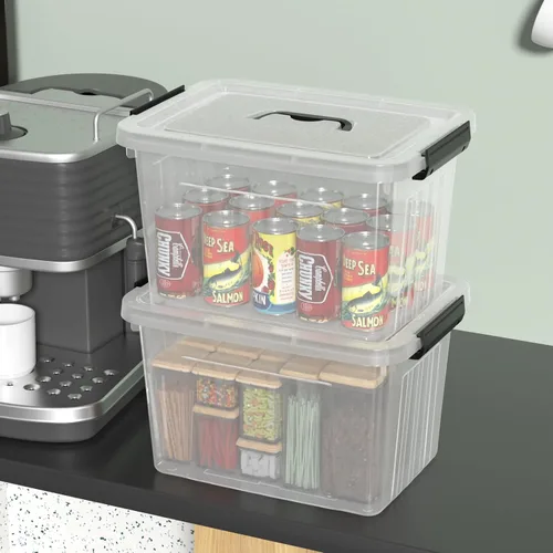 Vista 6 de Caja de plástico de 20 litros, cajas transparentes con tapa con asas negras, juego de 4