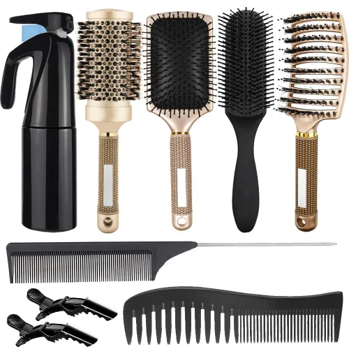 Vista 6 de Juego de 8 cepillos de pelo rizado, cepillos para el cabello para mujer, cepillo redondo para secar con soplado, cepillo de pala, apto para Negro