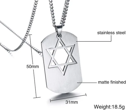 Vista 3 de Collar con colgante de estrella de David de acero inoxidable para hombre con símbolo religioso judío hexagonal, Acero inoxidable