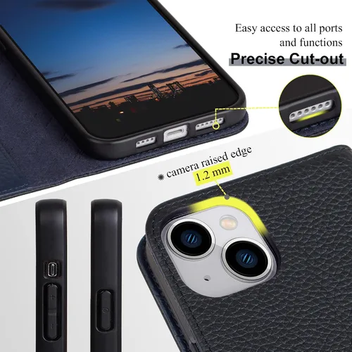 Vista 3 de VISOUL Funda de cuero con diseño de guijarros para iPhone 14 Plus, funda tipo cartera de cuero real con tarjetero y función atril magnética