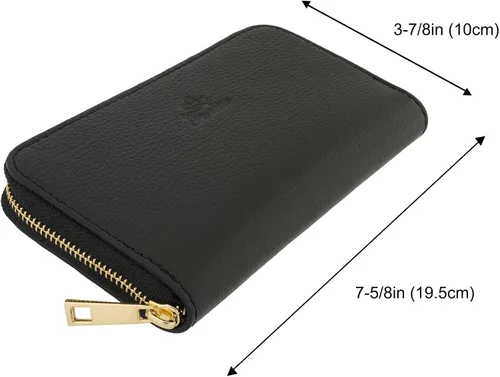 Vista 4 de Fioretta Cartera italiana de cuero genuino para mujer, organizador de tarjetas de crédito con cremallera alrededor, Negro -, Cartera con cremallera
