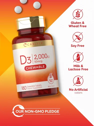 Vista 5 de Carlyle Tabletas masticables de vitamina D3 de 2000 UI (50 mcg) 180 unidades Sabor a bayas Vegetariano, sin OMG y sin gluten