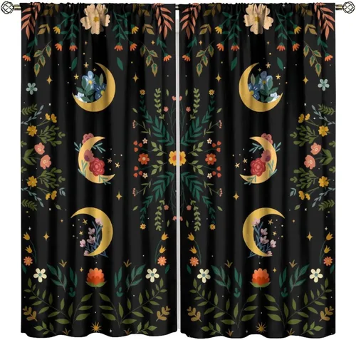 Vista 19 de Cortinas retro de luna, bosque mágico con hojas iluminadas por la luna, cortinas de plantas, diseño gótico floral de cielo estrellado para ventana