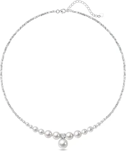 Vista 6 de Collar de perlas de plata triturada para mujer, collar de clavícula, collar de clavícula, gargantilla de perlas artificiales blancas, joyería de moda