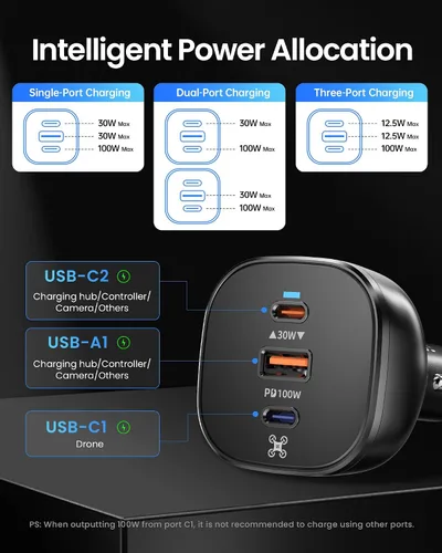 Vista 6 de LKTOP Cargador de coche Drone de 130 W para DJI/Potensic/Holy Stone/Skyrover, adaptador de corriente USB-C/USB-A de 3 puertos para DJI