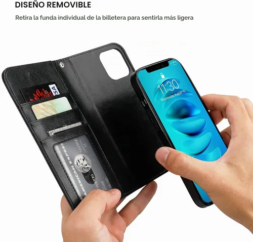 Vista 4 de Bocasal Funda tipo cartera desmontable para iPhone 14 con bloqueo RFID, ranuras para tarjetas, soporte de piel sintética de alta calidad, soporte