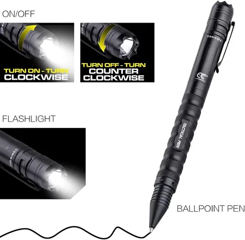 Vista 2 de Pluma táctica profesional de autodefensa pluma con linterna LED incorporada, defensor de ADN y cortador de vidrio herramienta de supervivencia Negro