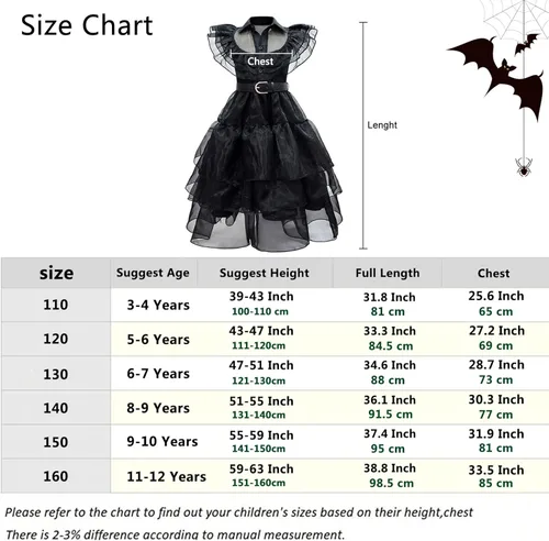 Vista 6 de Magwei Vestido de disfraz de Wednesday Addams para niños y niñas, disfraz de la familia Addams, para cosplay, fiesta de Halloween, traje de 3-12 años