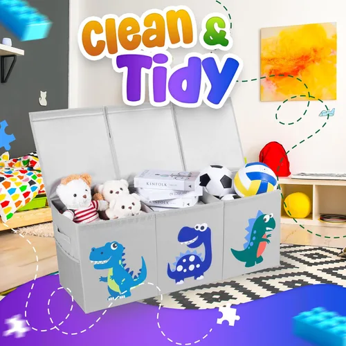 Vista 8 de Organizador de almacenamiento de juguetes extra grande para niños, caja de juguetes plegable de 40 x 13 x 16 pulgadas con 3 tapas, divisores