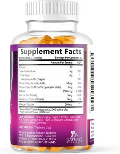 Vista 9 de Gomitas de colágeno – 2500 mcg de biotina por porción – Suplemento completo de colágeno con péptidos hidrolizados tipo I y III, biotina, zinc