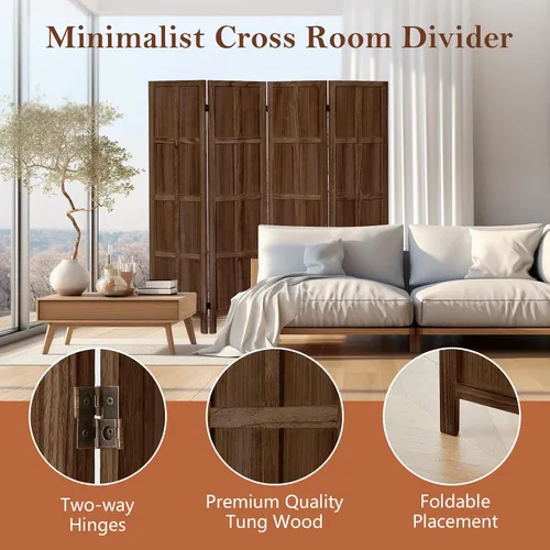 Vista 4 de Divisor de habitación de madera, pantalla de privacidad plegable de 4 paneles, partición clásica de madera para interiores de 5.6 pies, divisor
