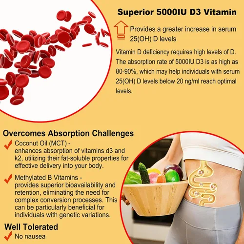 Vista 5 de Vitamina D3 5000IU + K2 (MK-7) 120mcg, sin azúcar GLP-1 amigable con vitamina D3 K2 gomitas con complejo de vitamina B -metilo B12, B9, B6 Vit E