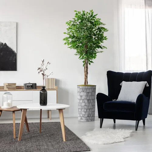 Vista 16 de Árbol artificial en maceta moderna con patrón triangular, palmera tropical areca artificial de seda para decoración del hogar en interiores