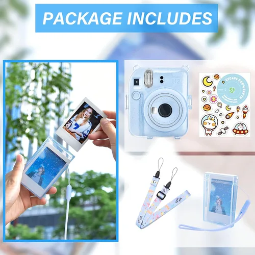 Vista 6 de Fuji Mini 12 - Funda rígida de policarbonato transparente para cámara instantánea Instax Mini 12 con calcomanías y soporte para almacenamiento