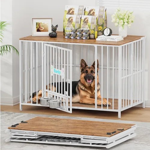 Vista 10 de Easycom 104 cm mueble de jaula para perros plegable, sin ensamblaje perrera decorativa para interior, jaulas para perros grandes (15.9-27.2 kg)
