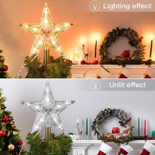 Vista 10 de Estrella iluminada para la punta del árbol de Navidad con 10 bombillas reemplazables integradas, estrella de cinco puntas transparente de 9.5
