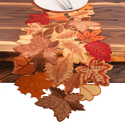 Vista 9 de Camino de mesa de otoño de 36 pulgadas de largo con hojas de arce bordadas para cosecha de Acción de Gracias, decoración de comedor con patrones