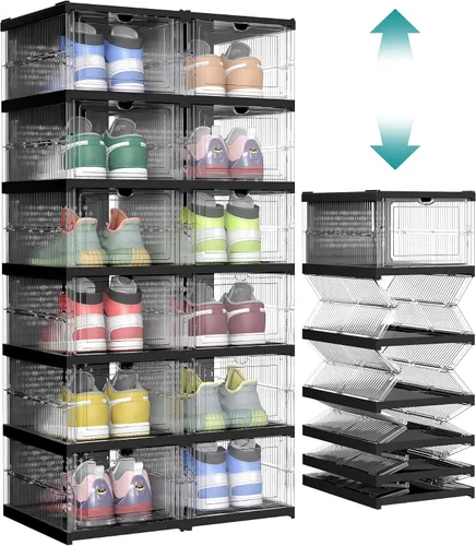 Vista 9 de SONGMICS Organizador plegable de almacenamiento de zapatos para armario, armario apilable para tenis con puerta magnética, contenedores grandes
