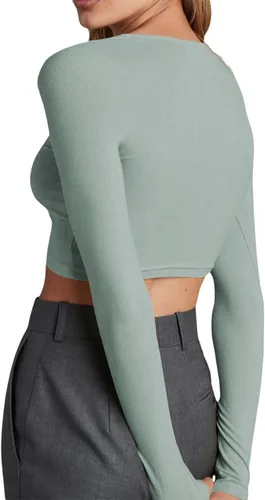 Vista 5 de Camiseta corta de punto acanalado de manga larga para mujer, cuello en V, ajuste delgado, con botones frontales, para otoño