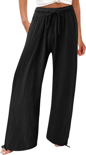 Vista 9 de SHAOBGE Pantalones palazzo de verano para mujer, cintura alta, pierna ancha, casual, cintura elástica, pantalones de playa con bolsillos