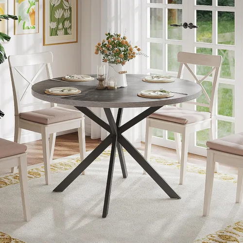 Vista 8 de Mesa de comedor redonda ChooChoo para 2, mesa de cocina de madera estilo granja, mesa de cena circular para cocina y comedor, espacio pequeño, 80