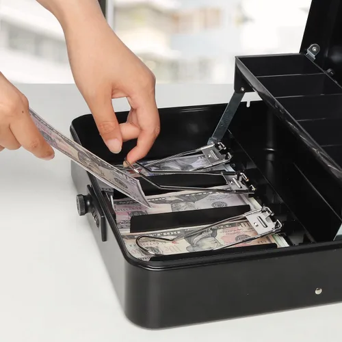 Vista 7 de Jssmst - Caja grande de seguridad para dinero con bandeja; caja de dinero de metal con cerradura de combinación y cable de seguridad, color negro