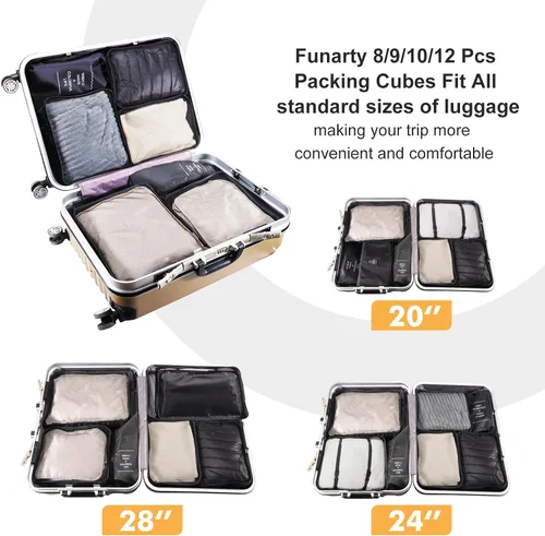Vista 6 de Funarty Juego de 8 cubos de embalaje para maletas, cubos de compresión para equipaje de mano, bolsas organizadoras de equipaje para accesorios