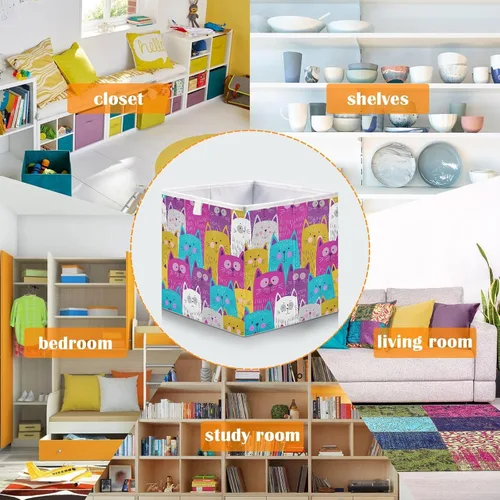 Vista 6 de Kigai Lindos cubos de almacenamiento para gatos, 11 x 11 x 11 pulgadas, cesta de almacenamiento plegable grande de tela, organizador para juguetes