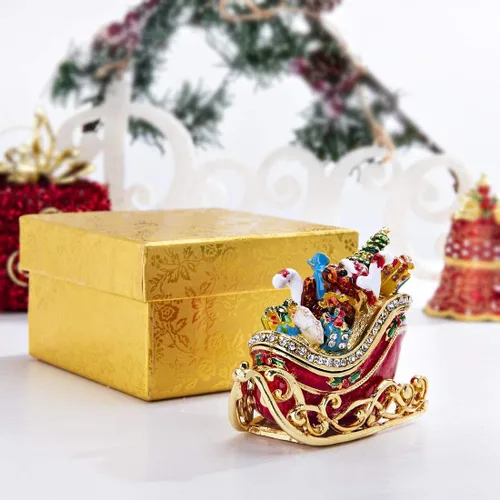 Vista 6 de YU FENG Caja de joyería de trineo de Navidad, caja de baratijas con bisagras coleccionables de diamantes de imitación pintados esmaltados esmaltados