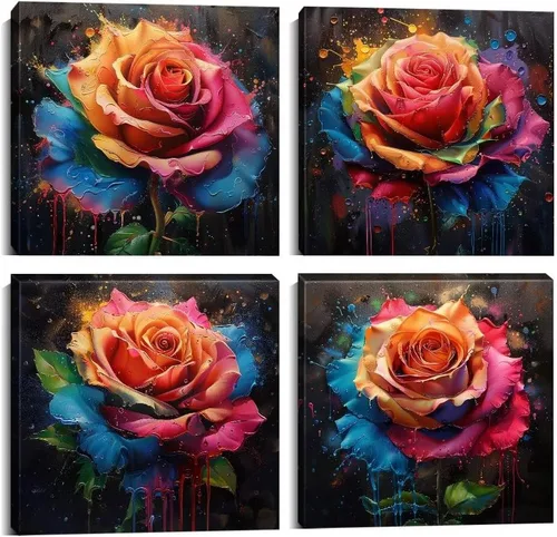 Vista 64 de Wall HDQ Arte de pared de flores para baño, dormitorio, sala de estar, decoración de pared azul y naranja, pintura floral, lienzo impreso, imagen