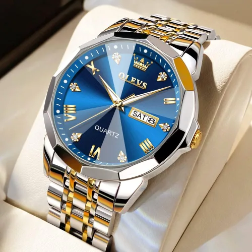 Vista 9 de OLEVS Reloj para hombre con diamantes de imitación, analógico, de cuarzo, acero inoxidable, impermeable, luminoso, fecha, dos tonos, de lujo