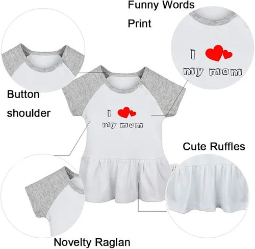 Vista 2 de Pack of 2, I Love My Dad & I Love My Mom Funny Print Dresses, Newborn Infant Baby Girls Princess Dress, Cute Ruffle