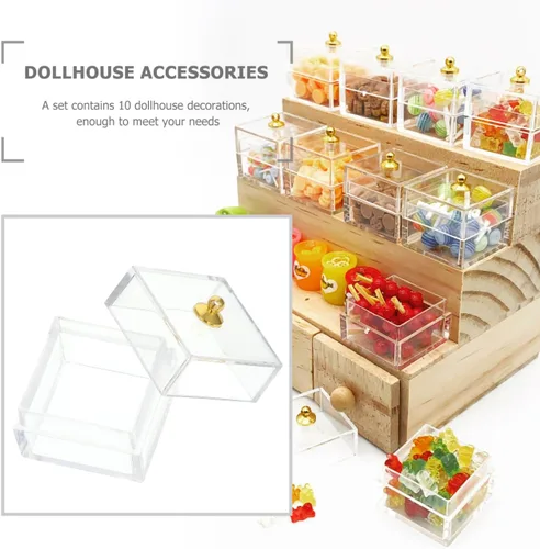 Vista 4 de 10 cajas de dulces en miniatura para casa de muñecas con tapas, tarros de plástico transparente a escala 1:12, pequeños recipientes de comida