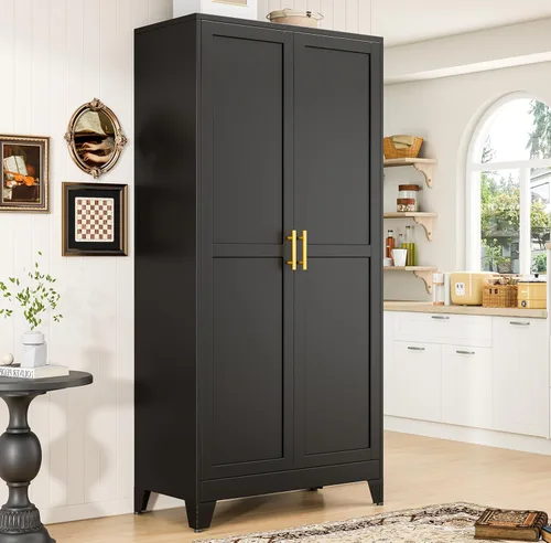 Vista 17 de PAOFIN Armario de almacenamiento de despensa de cocina de metal con 2 puertas y 3 estantes ajustables, armario de despensa con pie de nivelación