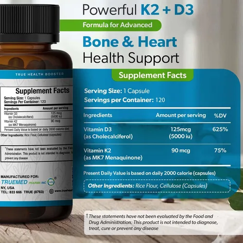 Vista 2 de Suplemento de vitamina D3 K2 de 5000 UI (MK-7 90 mcg) – 120 cápsulas vegetales – Suplemento de vitamina K2 D3 para apoyo óseo, corazón e