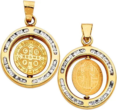 Vista 3 de wellingsale 14K Amarillo Oro Pulido Religiosa doble cara San Benito Medallón Encanto Colgante con CZ Acentos