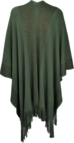 Vista 3 de ZLYC - Abrigo de mujer con bordes dorados, tipo cobija tejida. Poncho con flecos