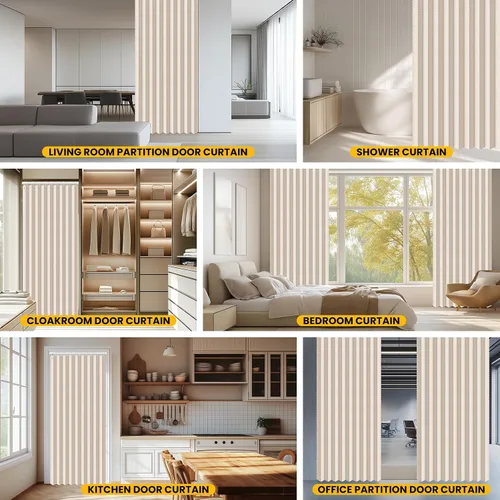 Vista 5 de AJAZZ Conjunto: Barras para cortinas sin perforación (28-39" de ancho) y cortina acordeón para puerta, beige 43" de ancho × 78" de largo, puertas