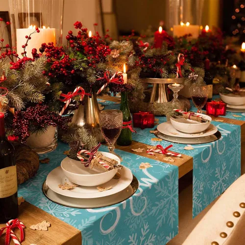 Vista 4 de Christmas Table Runner Snowflake Winter Holiday Table Runners for Christmas Non-Slip Teal Blue Dinner Runner Party Decorations 13x36 Inch