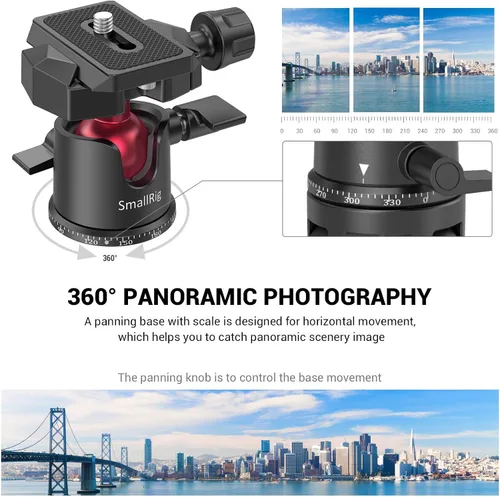 Vista 2 de SmallRig Mini Cabeza de Bola, Cabeza de Trípode para Cámara Panorámica 360° con Tornillo de 1/4" y Montaje de Rosca de 3/8" y Placa de Liberación