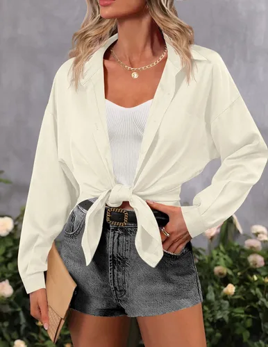 Vista 2 de HOTOUCH Camisas de gran tamaño con botones para mujer, blusa de hombro caída para oficina, de manga larga, estilo novio, camisa de vestir