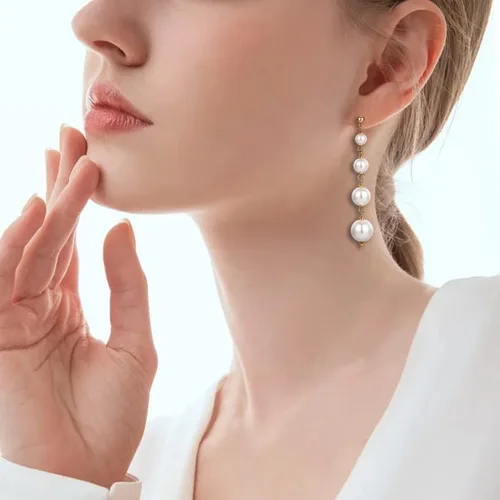 Vista 3 de Aretes colgantes de perlas de plata de ley 925 para mujeres y niñas, aretes largos de perlas, aretes colgantes de nácar, accesorios de perlas