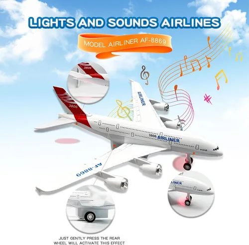Vista 3 de OTONOPI Avión de juguete de avión de juguete de metal fundido a presión para tirar hacia atrás, aerolíneas de juguete con luces y sonidos para niños