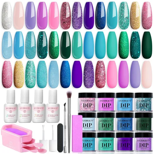 Vista 12 de AzureBeauty - Kit de 31 piezas de polvo de inmersión para uñas, otoño, invierno, rojo y verde con purpurina